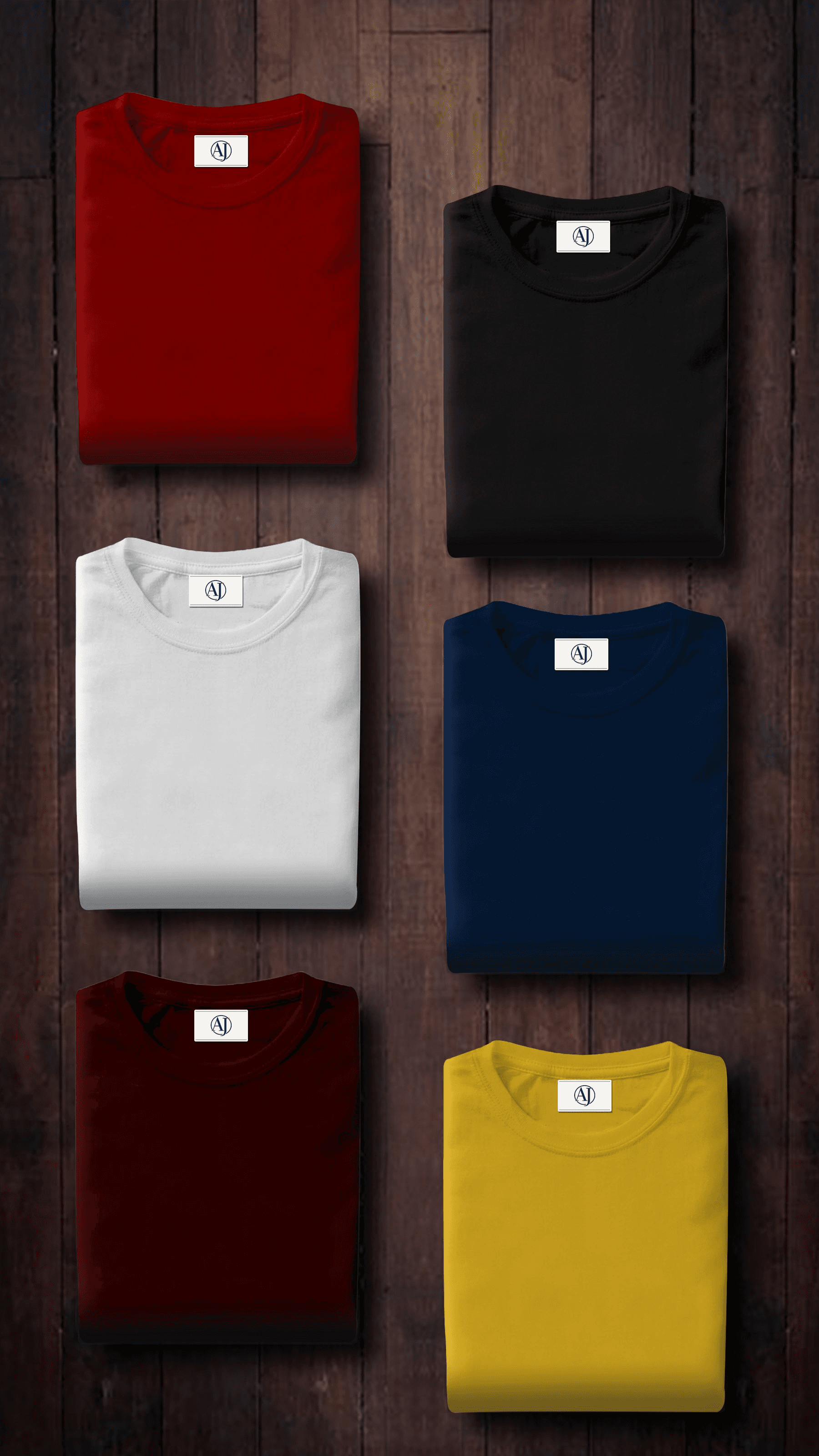 Plain premium tees in six colours, folded with AJ Fabrique woven labels